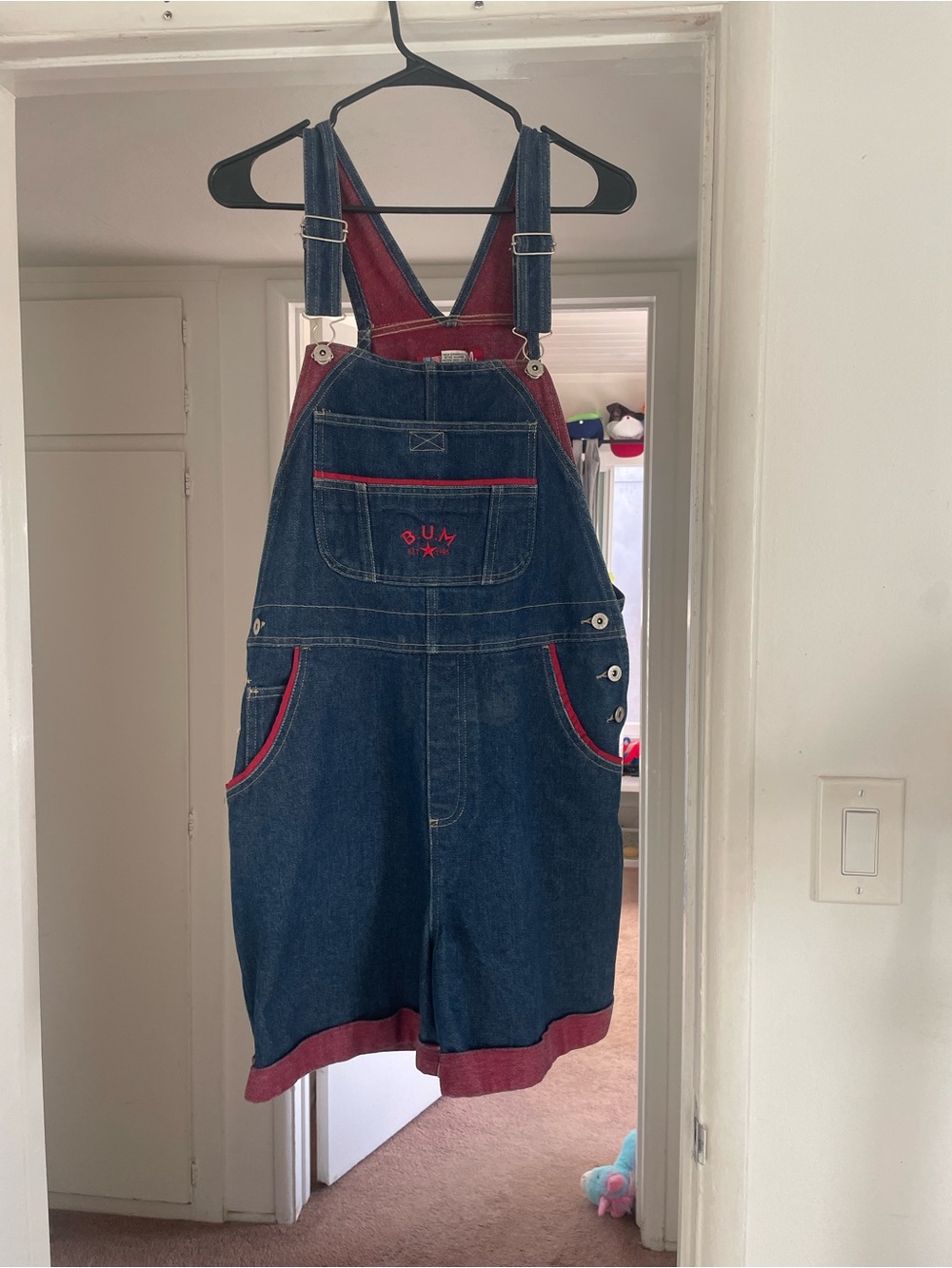 Denim Overalls Shortalls with Red Trim